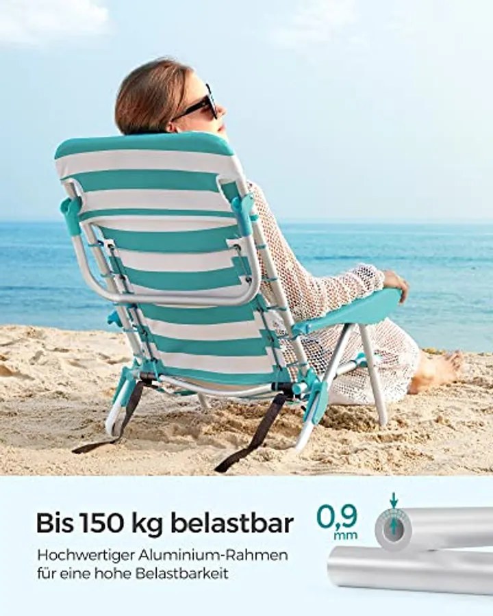 Strandszék, összecsukható kempingszék, hordozható kültéri szék, állítható háttámlával, zöld és fehér