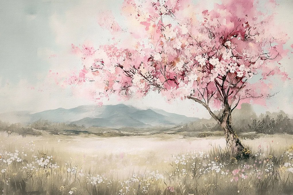 Fotótapéta Flizelina Akvarell Tavasz Fa Virágzó Cseresznye 368x254 ragasztó