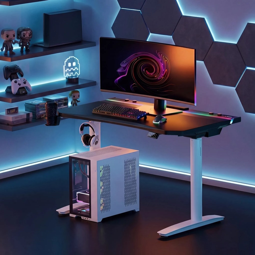Elektromos RGB gamingasztal tartókkal, fekete-fehér, 140 cm: Diablo X-Forge 1400