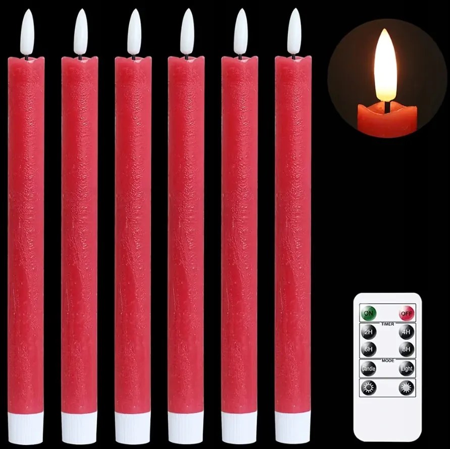 Eldnacele LED-es gyertyák 6 db piros távirányítóval időzítővel 25 cm