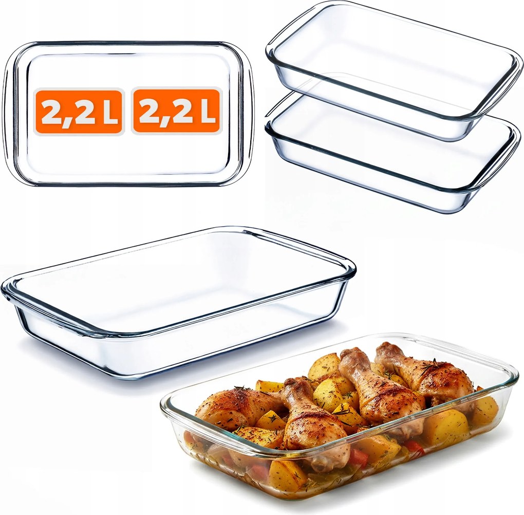 2x Hőálló Edény Kicsi 2,2L Téglalap Alakú Üveg Sütő