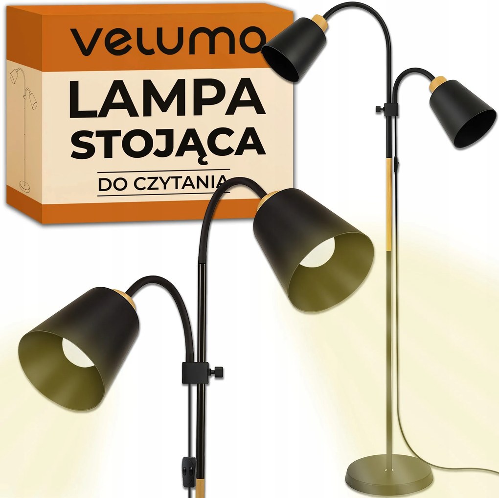 Álló Padló Olvasólámpa Dupla 2xE27 Állítható Fekete Led