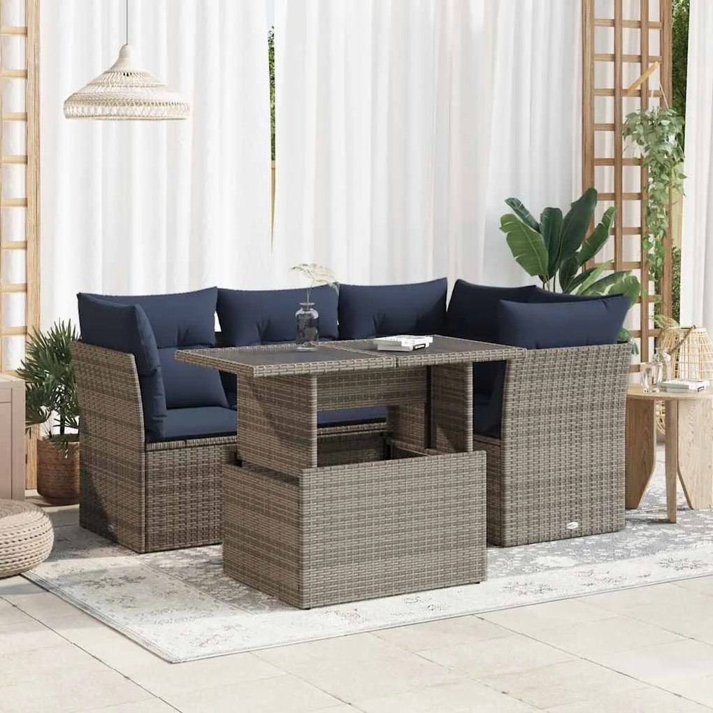 5 részes szürke polyrattan akácfa kerti ülőgarnitúra párnákkal