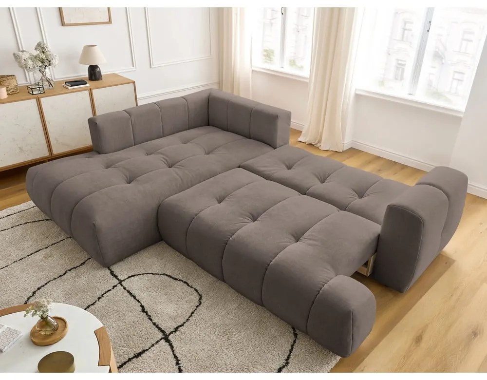 Szürkésbarna kinyitható-tárolóhelyes sarokkanapé (bal oldali-L alakú) Fuji – Bobochic Paris