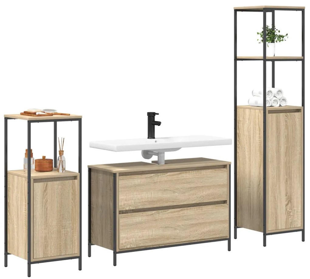 vidaXL Fürdőszoba bútor szett fiókkal 3 pcs Sonoma tölgy Faanyag