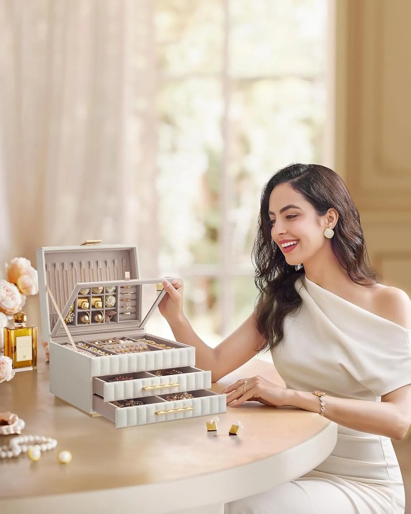 3 szintes ékszerdoboz tükörrel, ékszertartó 2 fiókkal, felhőfehér