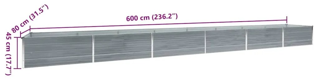 szürke horganyzott acél kerti magaságyás 600 x 80 x 45 cm