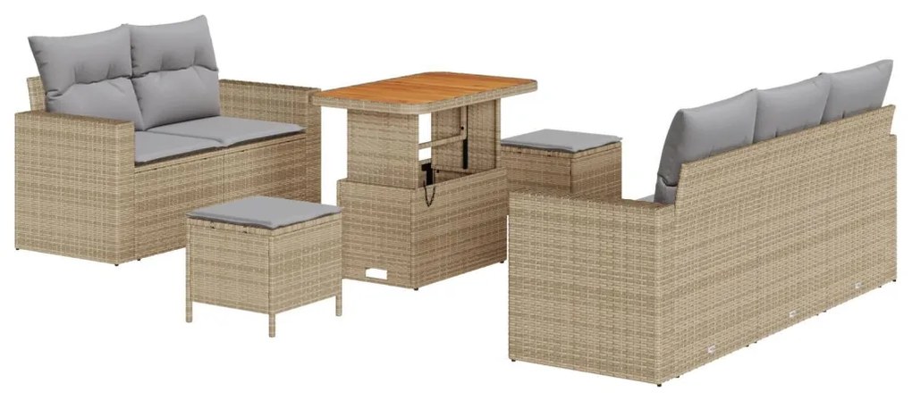 8 Darabos Kert Kanapé Szett Párnákkal Bézs Poly Rattan Akácia, 3 Darabos Kert Étkező Szett Párnákkal Bézs Poly Rattan Akácia