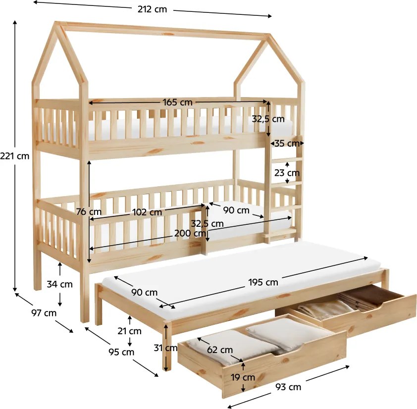 Montessori emeletes ágy pótággyal, természetes, VENITA TYP 1