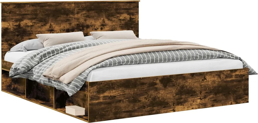 vidaXL Ágykeret fejtámlával Füstölt tölgy 200 x 200 cm Tömör fenyőfa