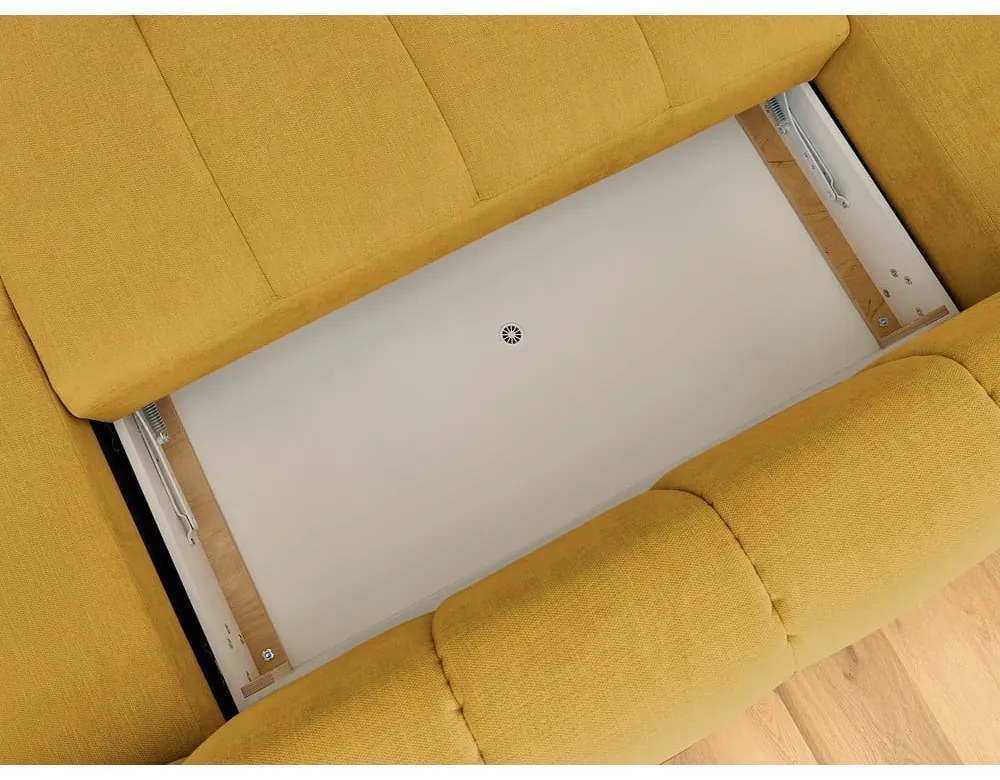 Mustársárga kinyitható-tárolóhelyes sarokkanapé (bal oldali-U alakú) Fuji – Bobochic Paris