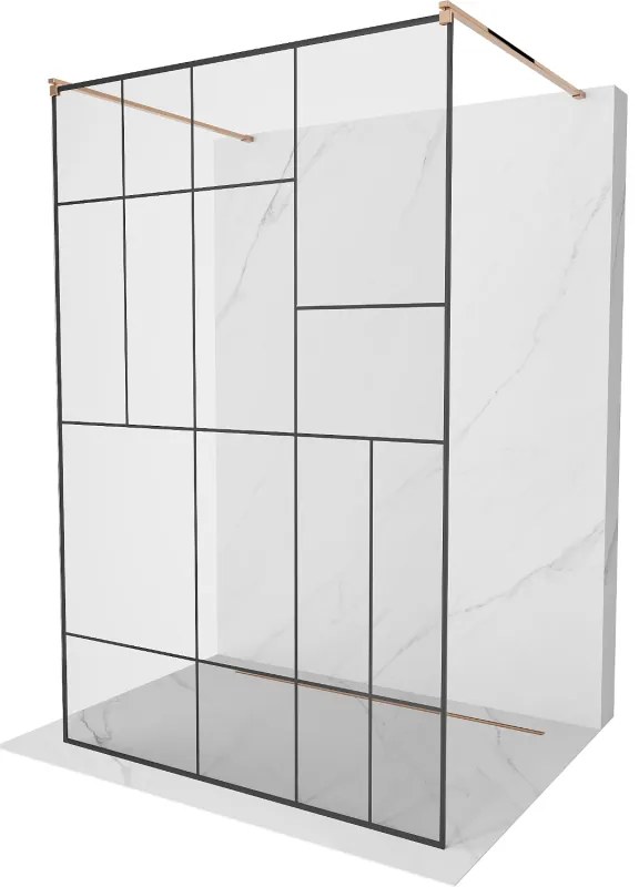 Mexen Kioto, átmenő zuhanyparaván 100 x 200 cm, 8 mm-es üveg átlátszó/fekete mintás, 2x rózsaszín arany stabilizáló távtartó, 800-100-002-60-78