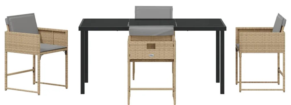 5 Darabos Kert Étkezőszett Párnákkal Bézs Poly Rattan, Kert Asztal Fekete 160x80x73 cm Edzett Üveg