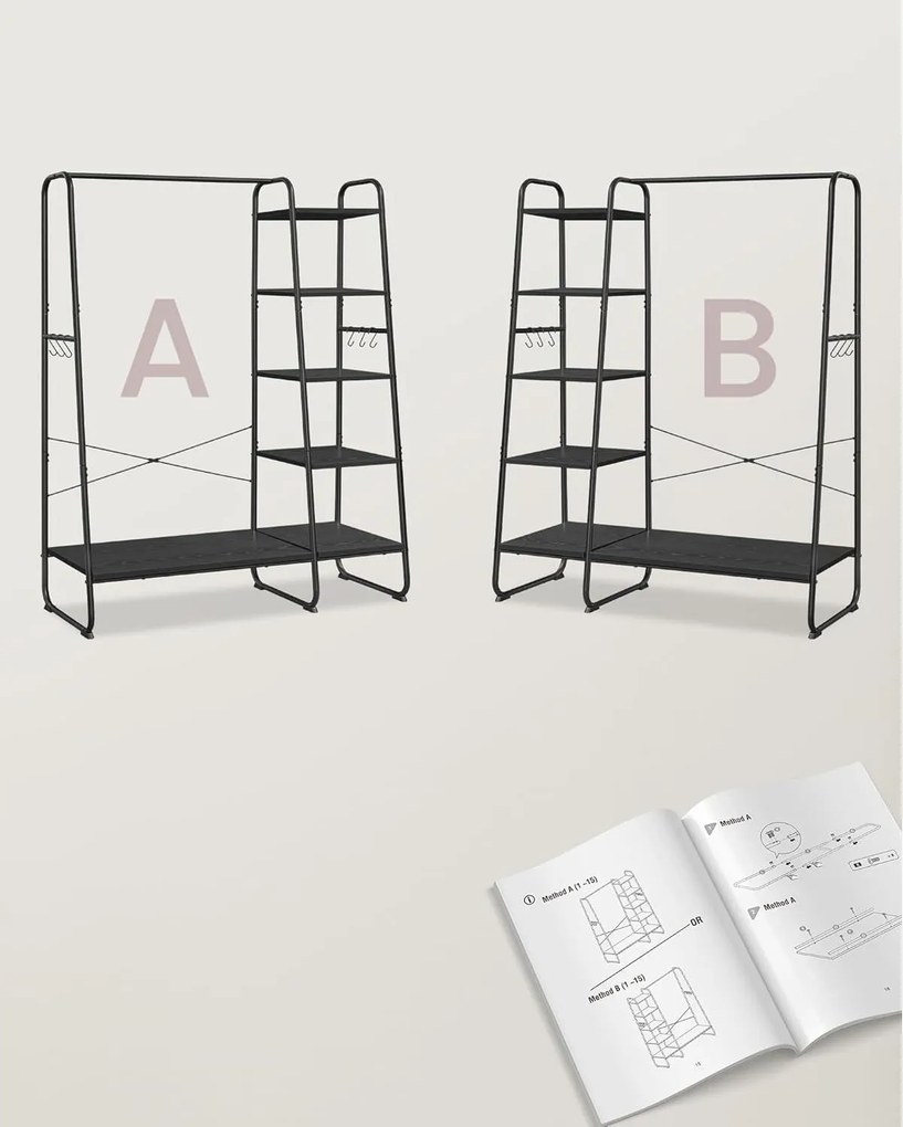 Ruhatartó állvány 45 × 120 × 160 cm, ruhatartó és cipőtartó egyben ébenfekete / matt fekete