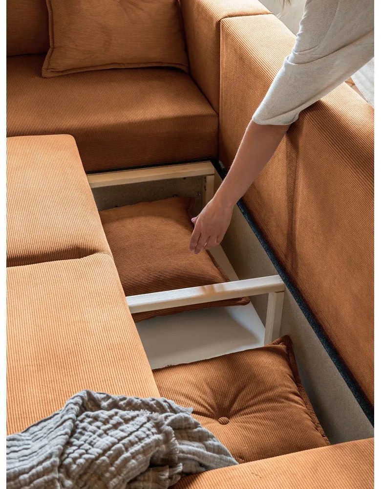 Téglavörös kordbársony kinyitható sarokkanapé (bal oldali) Lazy Lukka – Miuform