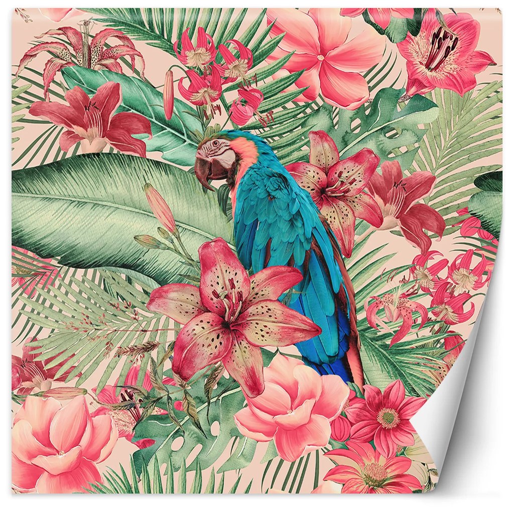 Gario Fotótapéta Parrot a rózsaszín levelek között - Andrea Haase Anyag: Vlies, Méret: 200 x 200 cm