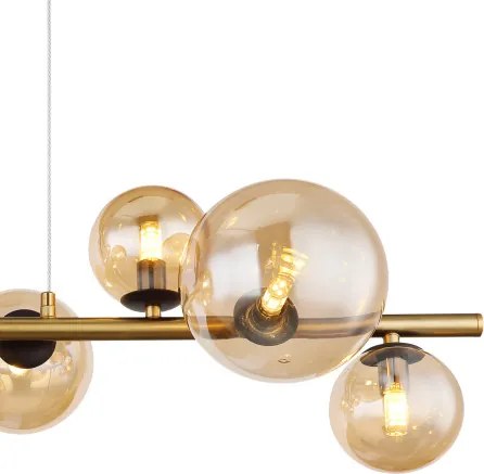 Globo 56135-9H Függeszték fém fekete matt, fém sárgaréz matt, üveg borostyán, HxSzxM: 866x360x1200mm, üveg méret 4X ø: 10 cm, 3x ø: 12 cm, 2 x ø: 15 cm, tartozék 9x G9 LED 3,5W 230V, forrás 80lm kimenet, 3000K, 10676 LED izzóval