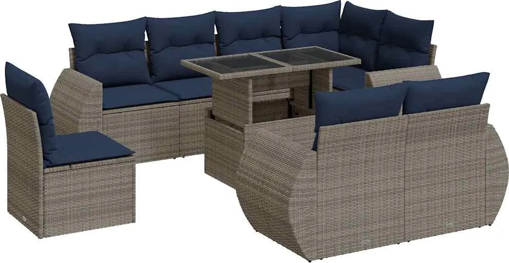 vidaXL 9 részes szürke polyrattan akácfa kerti ülőgarnitúra párnákkal