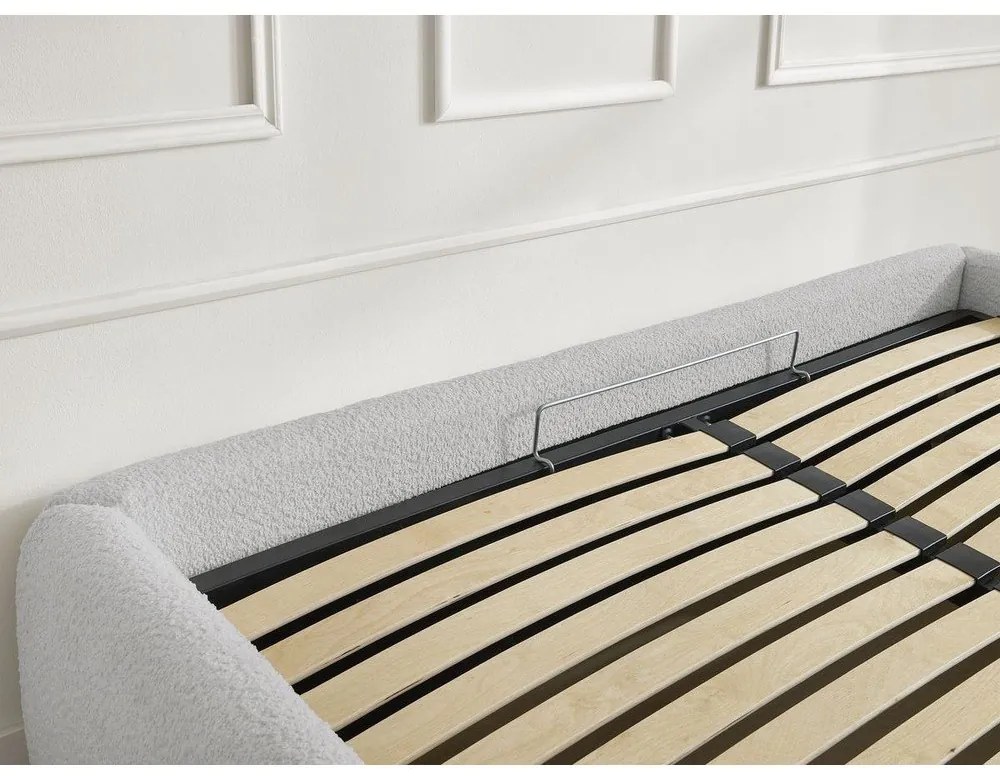 Világosszürke kárpitozott ágyneműtartós-ágytámla nélkül franciaágy ágyráccsal 180x200 cm Inera – Bobochic Paris