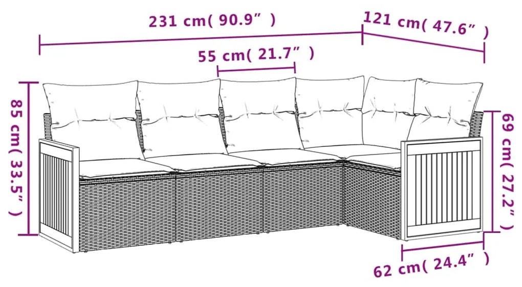 5 részes fekete polyrattan kerti kanapészett párnákkal