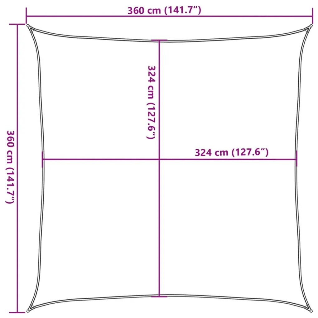 világosszürke HDPE négyszögű napvitorla 160 g/m² 3,6x3,6 m