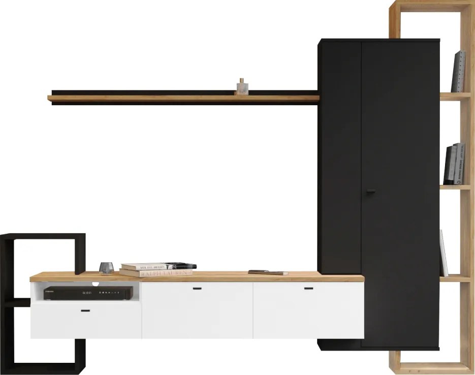 Nappali fal, fekete/fehér/arany craft tölgy, DENISO