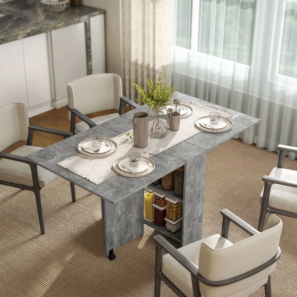 HOMCOM Hajtható Étkezőasztal Konyhaasztal Kerekekkel, Hajtható Szárnyakkal és Polcokkal 4-6 Fő Részére 75x140x74 cm Szürke Cement | Aosom