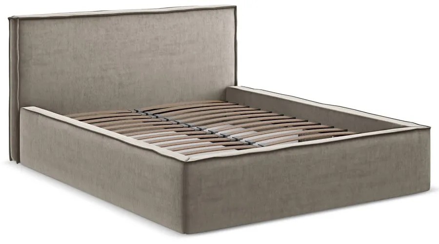 Szürkésbarna kárpitozott ágyneműtartós franciaágy ágyráccsal 180x200 cm Anani – Makamii