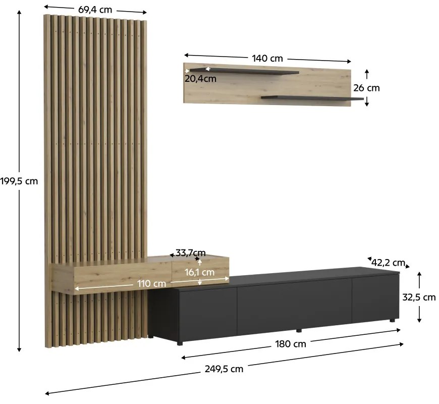 Nappali fal, fekete/artisan tölgy, REBEKA PLUS