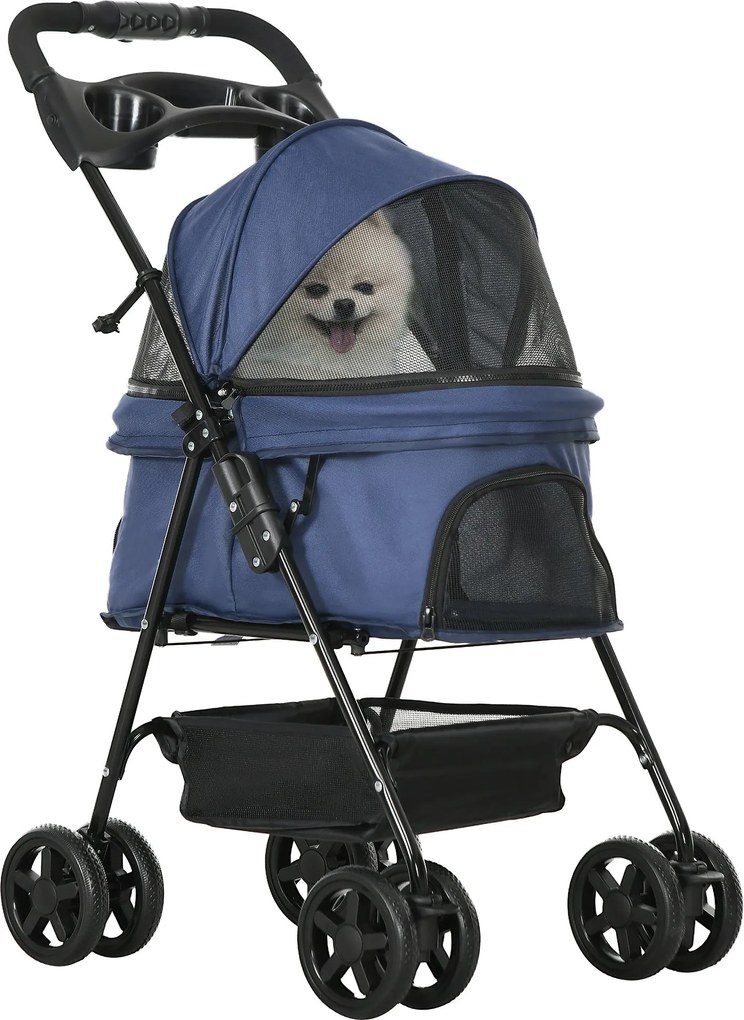 PawHut Összecsukható Kutya Babakocsi Kis Háziállat Szállító Univerzális Kerekekkel, Tároló Kosárral, Biztonsági Övekkel és Ablakkal, 15 kg-ig, 67x45x9