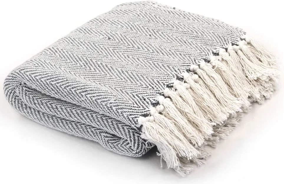 vidaXL szürke pamut pléd halszálka mintával 220 x 250 cm