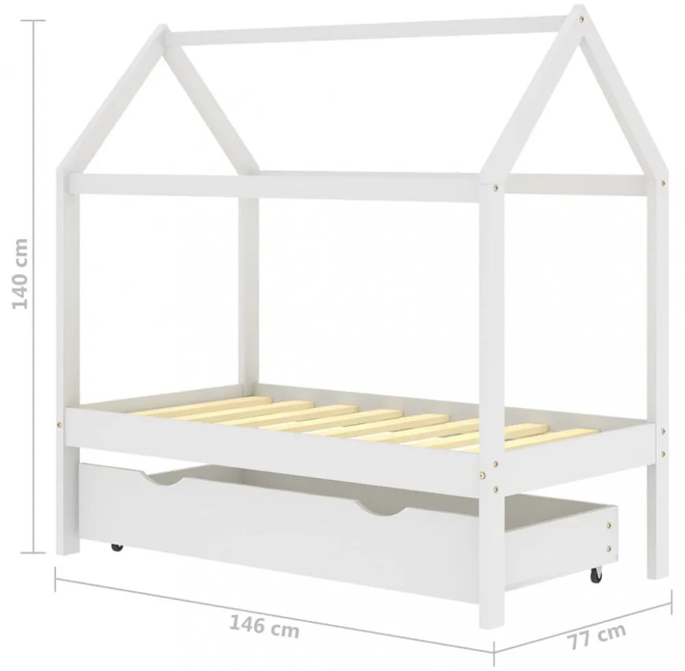 fehér tömör fenyőfa gyerekágykeret fiókkal 70 x 140 cm