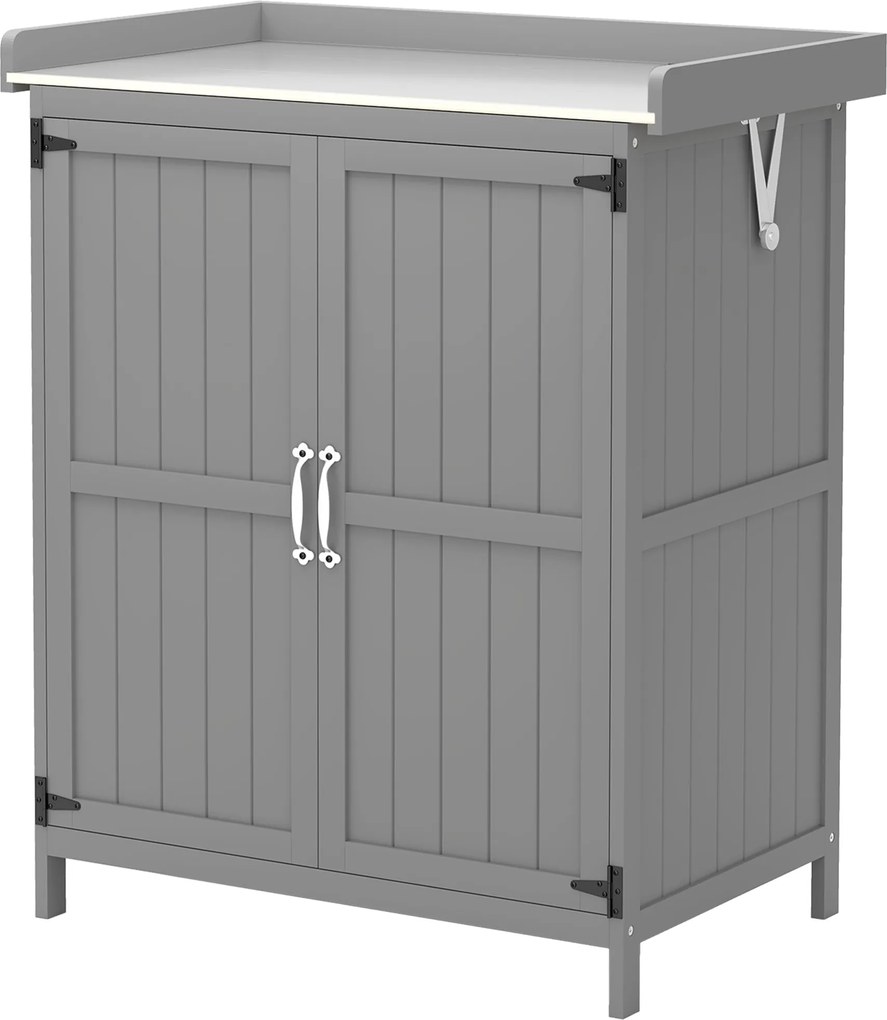 Outsunny Kerti Szekrény Fa, Időjárásálló Szerszámtároló 74x43x88cm, Szerszámos Ház Felemelkedő Tetős Polcokkal, Munkaasztallal, Szerszámszekrény, Kert