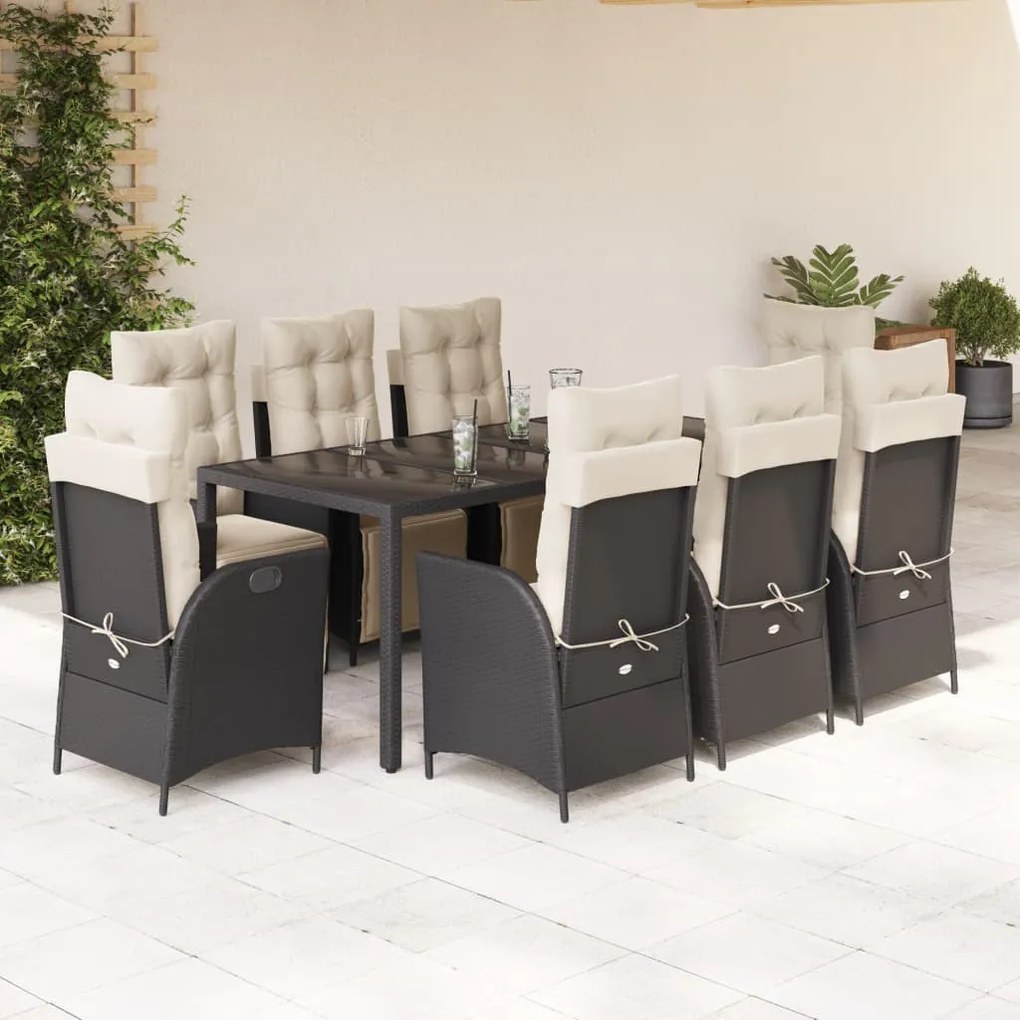 9 részes fekete polyrattan kerti étkezőgarnitúra párnákkal
