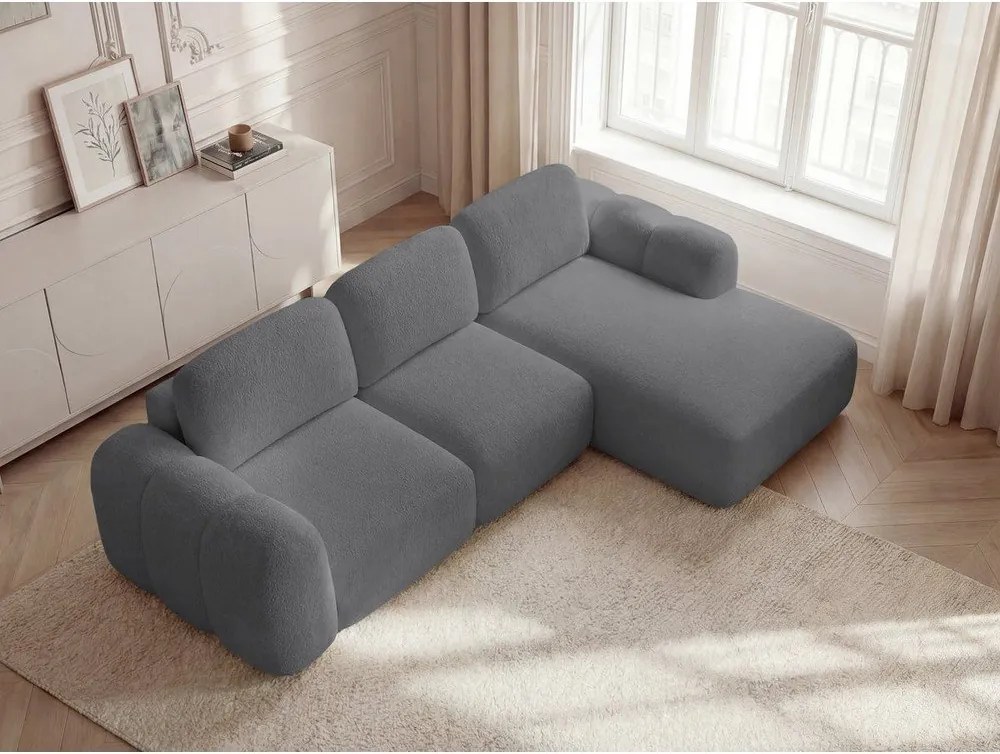 Szürke buklé kinyitható-tárolóhelyes sarokkanapé (jobb oldali-heverő résszel) Montaigne – Bobochic Paris
