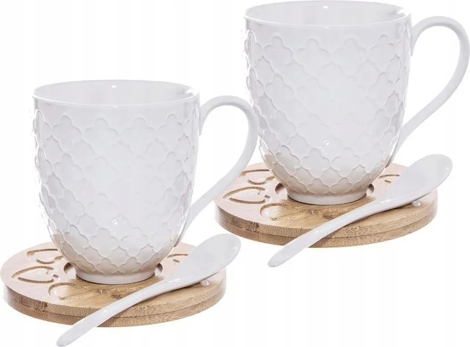 2X Porcelán Bögre Alátét Bambusz Teáskanál Szett