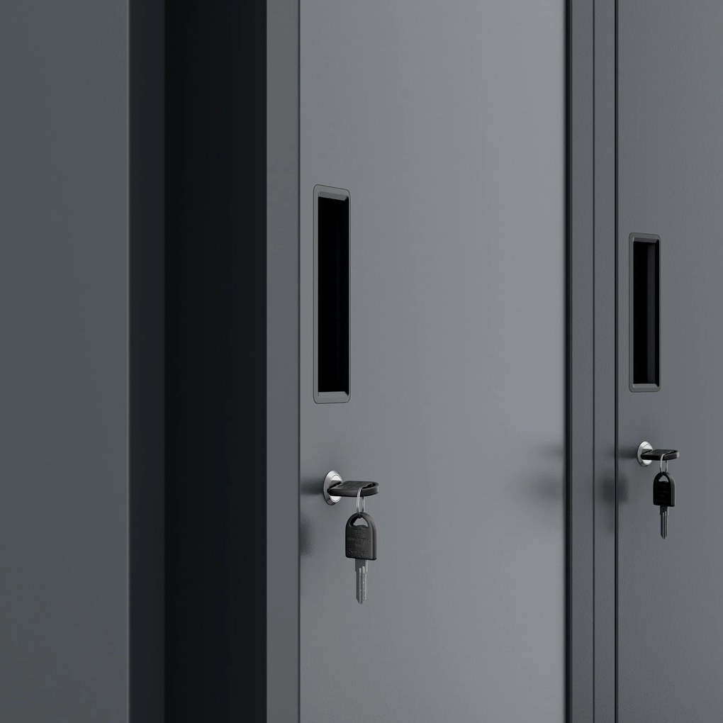 Pléh öltözőszekrény talpazaton, kétmodulos, polccal és köztes fallal KACPER, 800 x 1800 x 500 mm, antracit