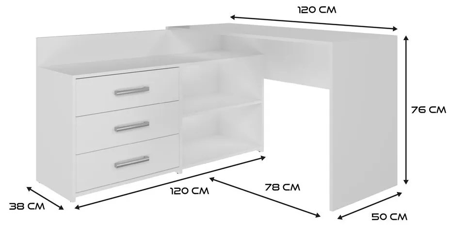 Dany sarok íróasztal polccal, tárolóval, fehér