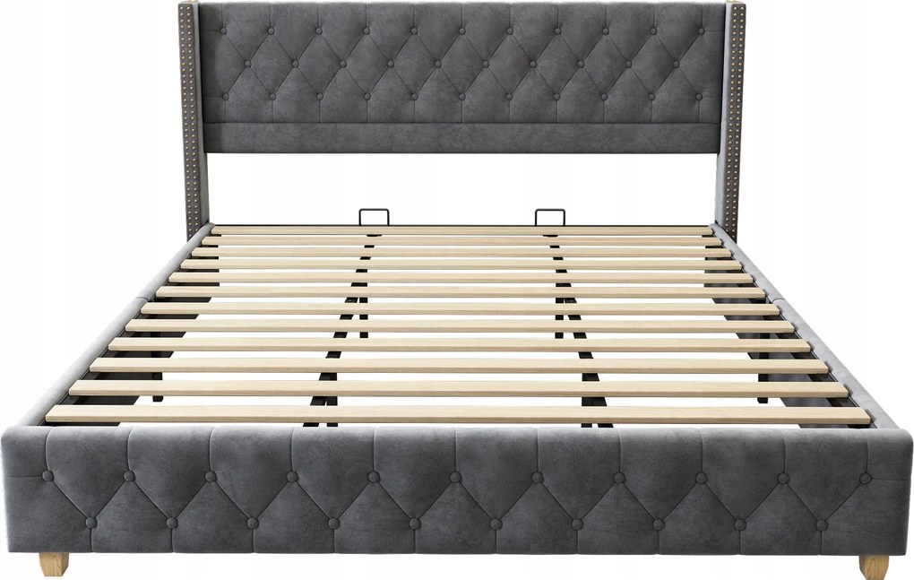 Kárpitozott ágy 180*200 cm franciaágy fa lábak bársony szürke