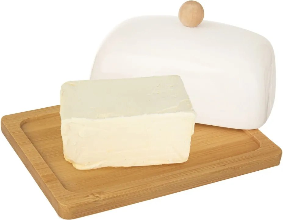 Whiteline fehér porcelán vajtartó bambusz tálcával - Orion