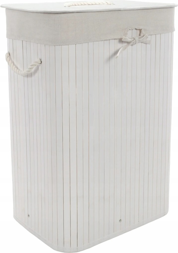 Bambusz Szennyestartó Kosár Fehér, Zárható, Szabadon Álló, Fogantyúval 72 L