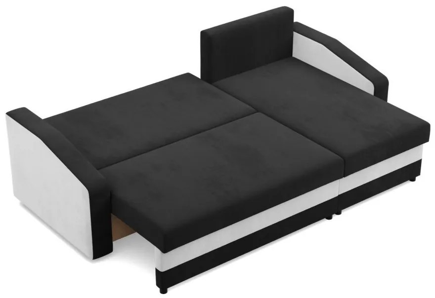 Hewlet sarokkanapé, 2 ágyneműtartóval, szövet anyag, univerzális oldal, bonell töltet, fekete - fehér