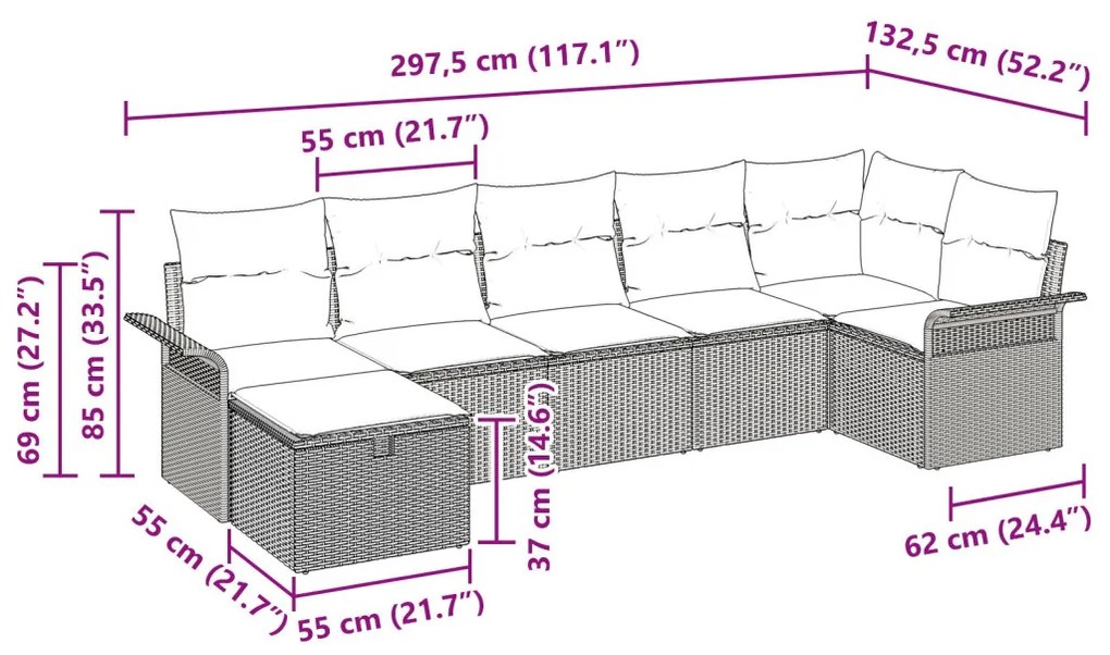 7 darabos kerti kanapé szett párnákkal, szürke, polirattan