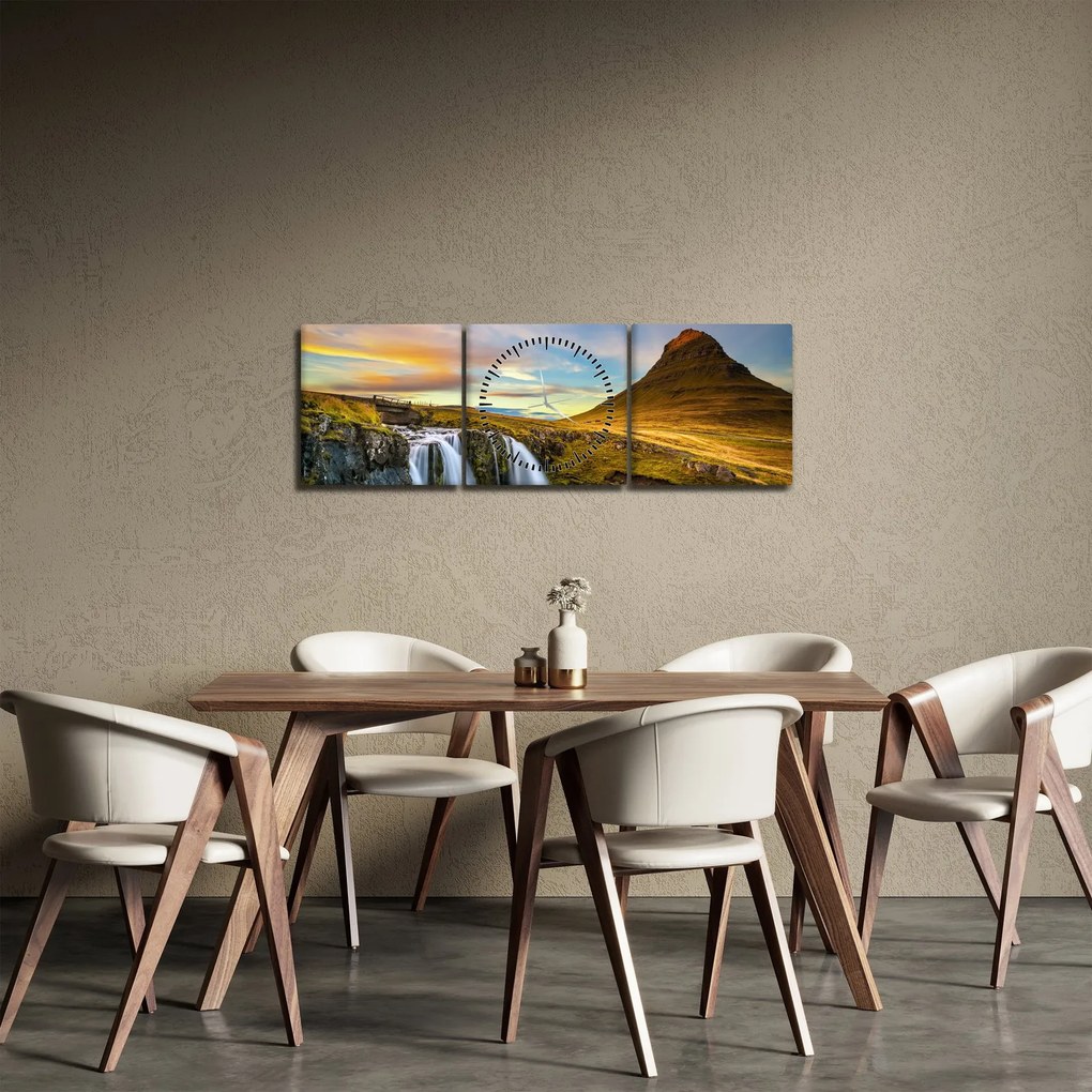 Kép a hegyekről és vízesésekről Izlandon (órával) (90x30 cm)