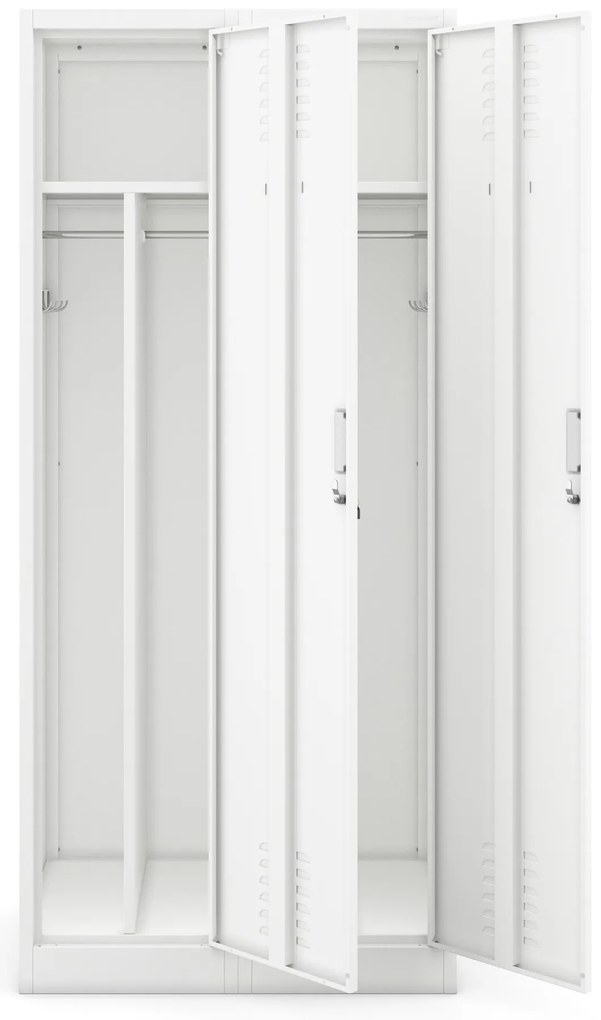 Pléh öltözőszekrény talpazaton, kétmodulos, polccal és köztes fallal KACPER, 800 x 1800 x 500 mm, fehér