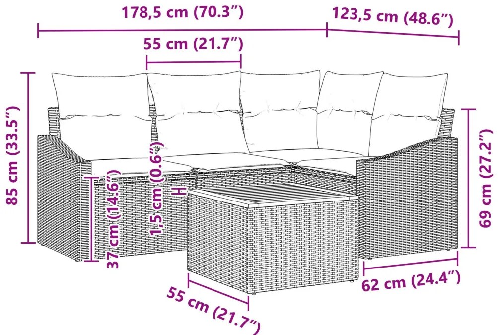 5 darabos Kerti Kanapé Készlet párnákkal, Fekete, Műrattan, Akácia