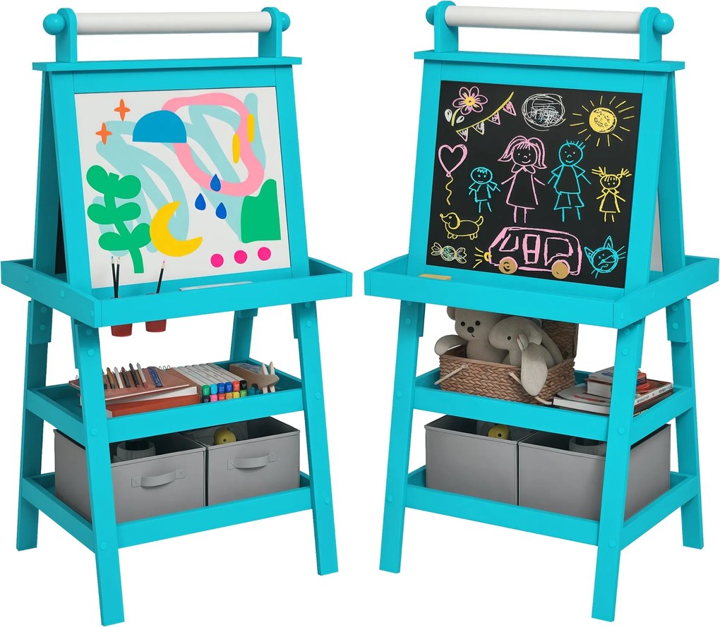 AIYAPLAY Gyermekek Kétoldalas Törölhető Fekete Tábla Papírtekercsel és 2 Tárolóedénnyel, mágneses Fehér Tábla, Fekete Színű Fa Festőállvány ajándéknak