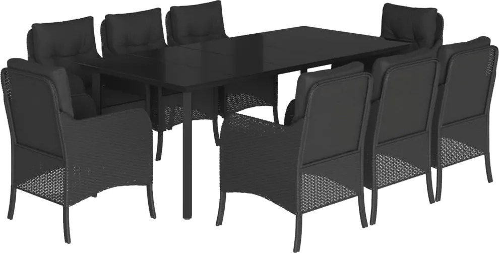 vidaXL 9 részes fekete polyrattan kerti étkezőgarnitúra párnákkal