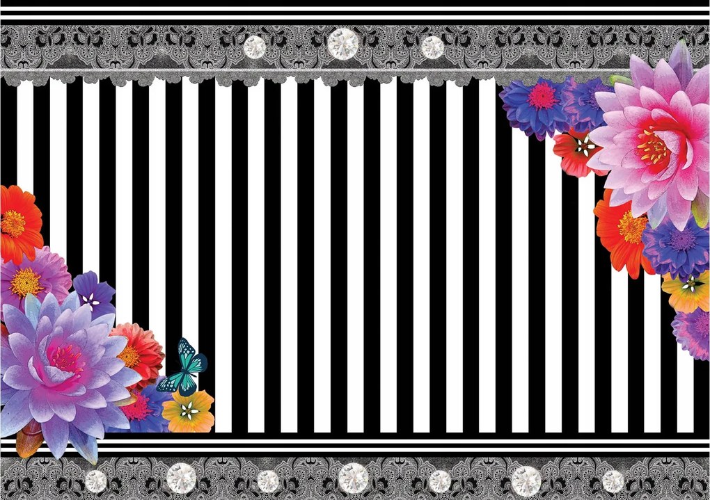 Fotótapéta Virágok és pillangók csíkos háttérrel elegancia 200x140 +ragasztó