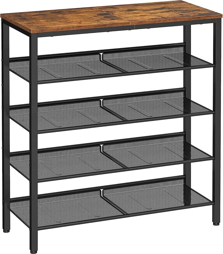 5 szintes cipőtartó 20–25 pár cipőhöz, 4 állítható hálós polccal, 75 x 28 x 93 cm, rusztikus barna és fekete